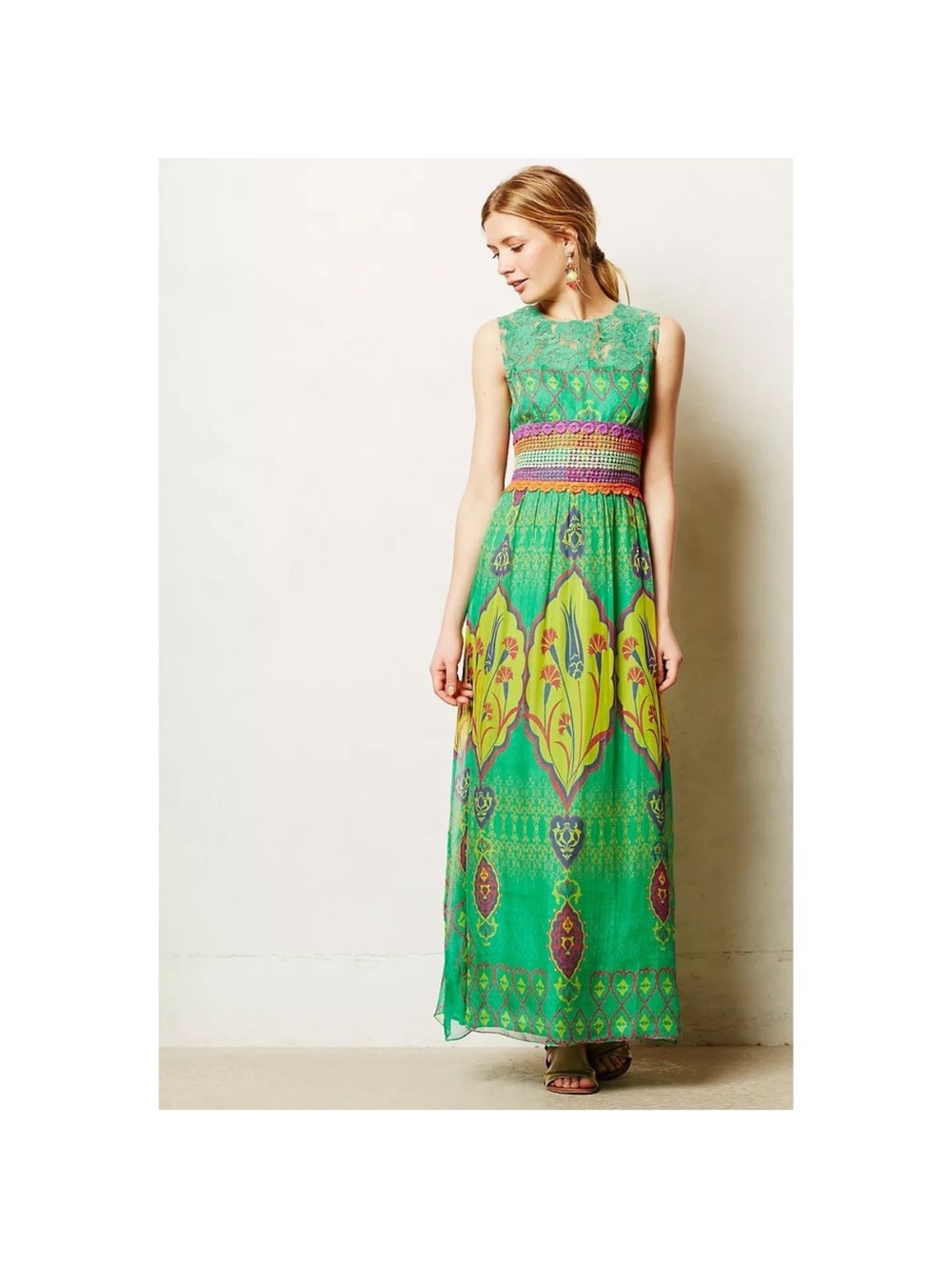 Anthropologie x Hemant & Nandita Green Printed Sleeveless Maxi Dress